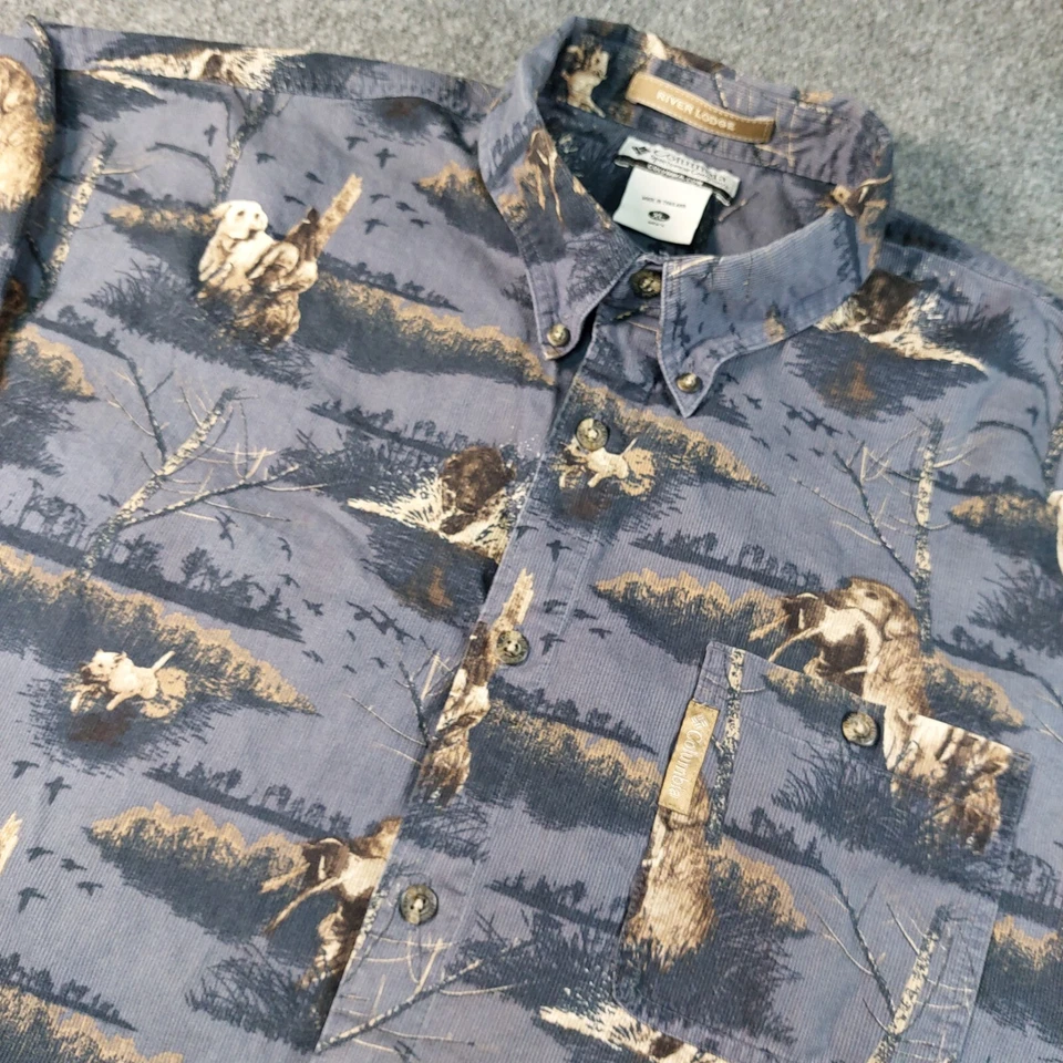 Camisa De Colección Columbia River Lodge Para Hombre XL Patrón Perro de Caza Botón Delantero Foto 2 de 4