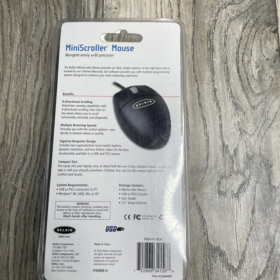 Belkin MiniScroller Mouse -USB PS/2 Adapter- Model F8E841-Black New - Image 2 of 4