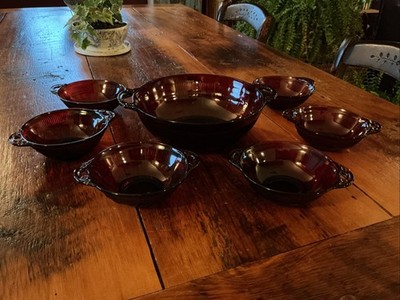 Anchor Hocking Coronation  Royal Ruby  Master Bowl & Berry Bowls 7 Piece Set
