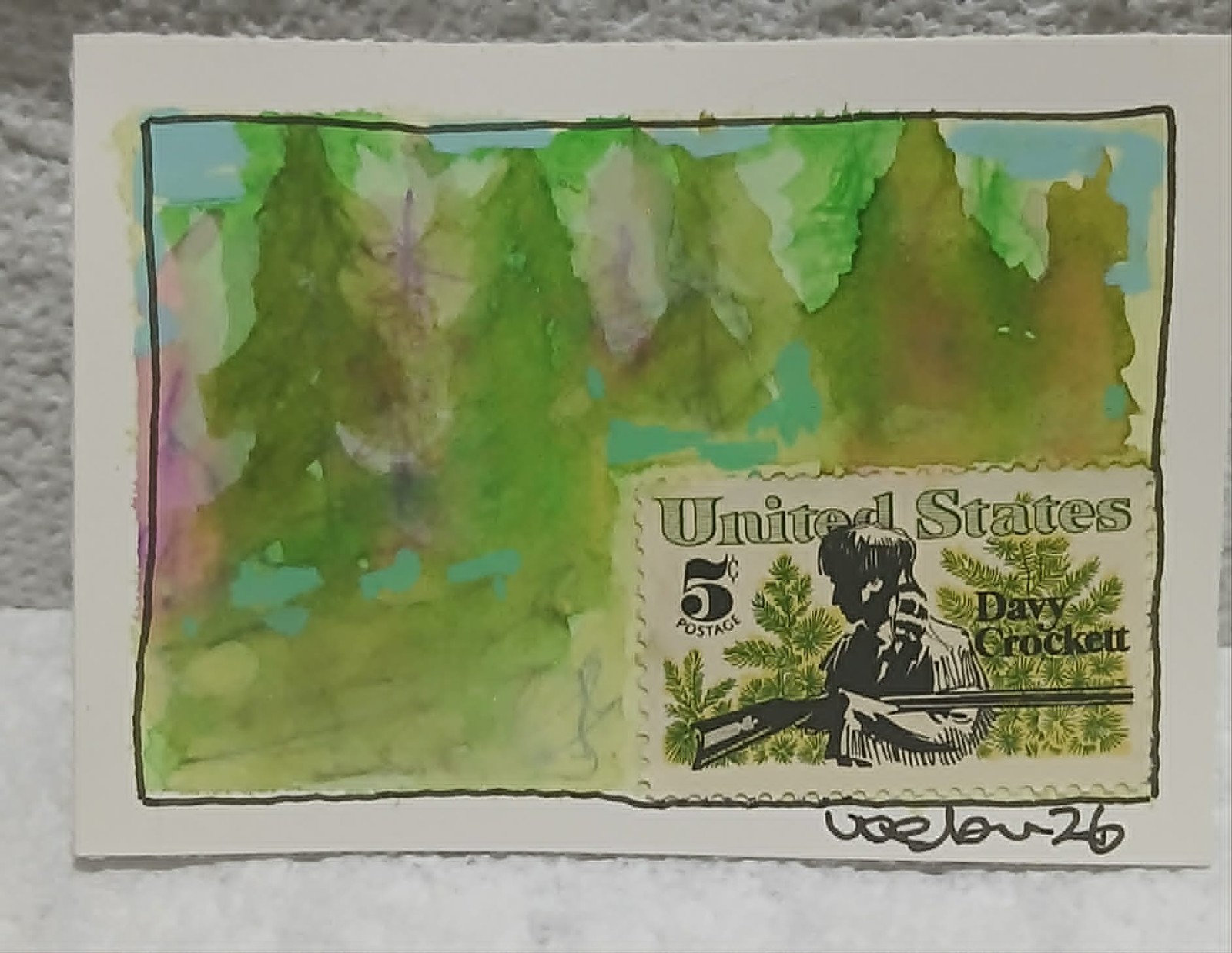 Postal Whimsy OOAK ACEO 5c Frontier Forest Watercolor Stamp Art by Virginia