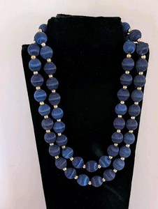 Long Vintage Blue Beads Silk Thread Wrapped Necklace With Gold Tone Spacers 28" 