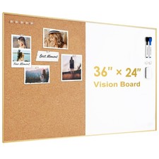 ARCOBIS Cork Board White Board Combo, 36 x 24 Inch Bulletin Board-Gold Frame, Ma