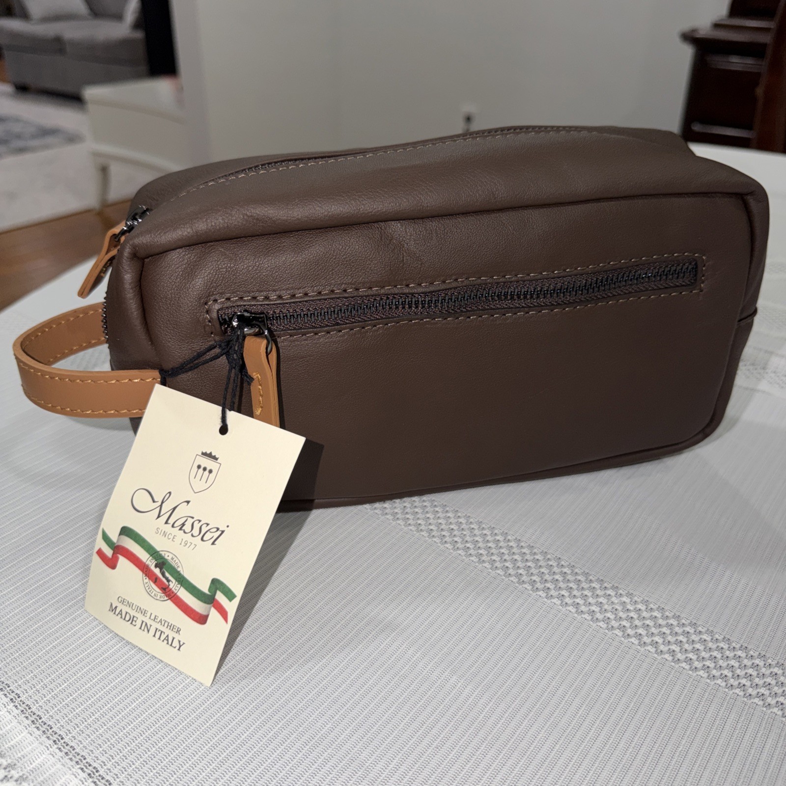 Massei Men’s Brown Leather Shaving Toiletry Bag – Made in Italy