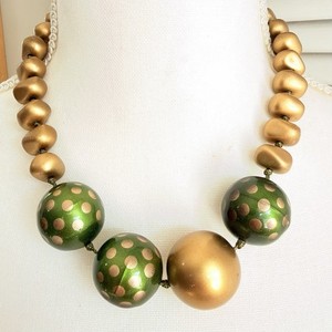 Vtg Les Bernard Inc Choker Necklace 19” Metallic Green Gold Nugget Polka Dot 80s