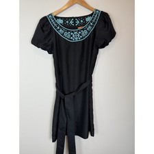Tory Burch Lottie Size 4 Black Turquoise Embroidered Silk Tie Belt Shift Dress