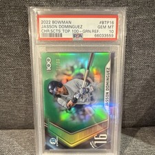 2022 Bowman Jasson Dominguez Chrome Scouts Top 100 Green Refractor /99 PSA 10