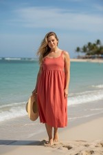 NWT Ava & Viv Coral Empire Waist Midi Dress Plus Size 3X New Vacation Swim XXXL
