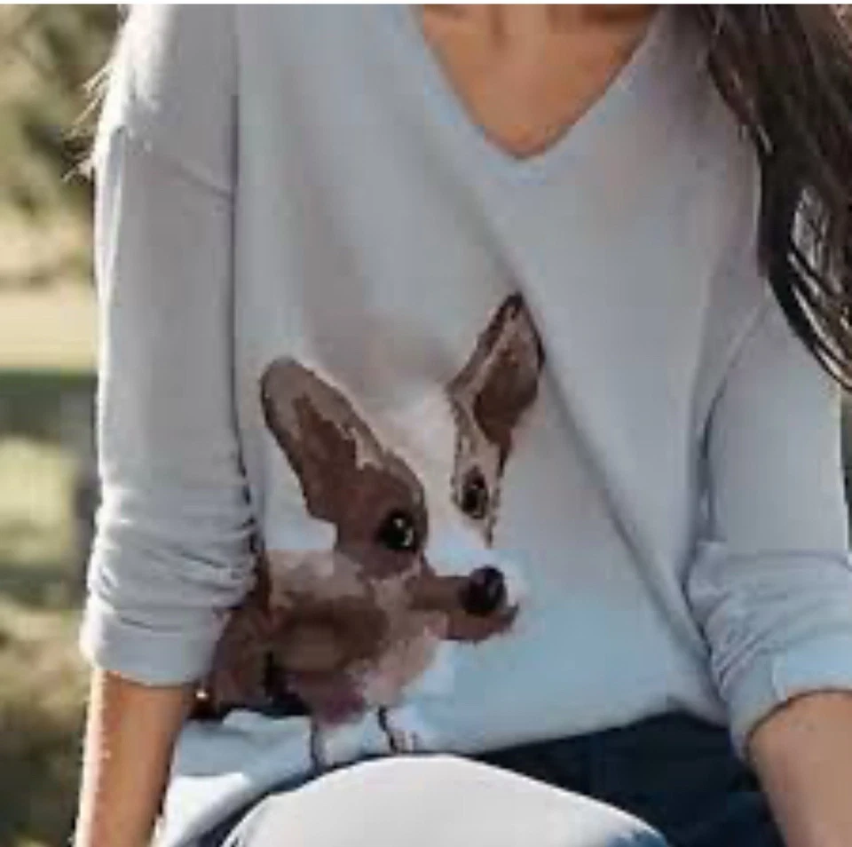 J. Jill Women’s Corgi Dog Sweater Light Blue V Neck Knit Top Size Petite XL - Image 2 of 4