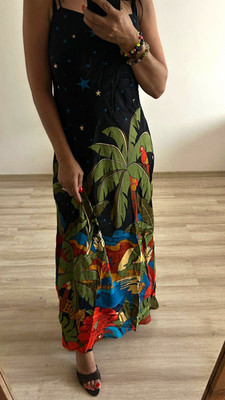 Farm RIO Womens Maxi Dress Long Spaghetti Straps Black Stars Tropical S