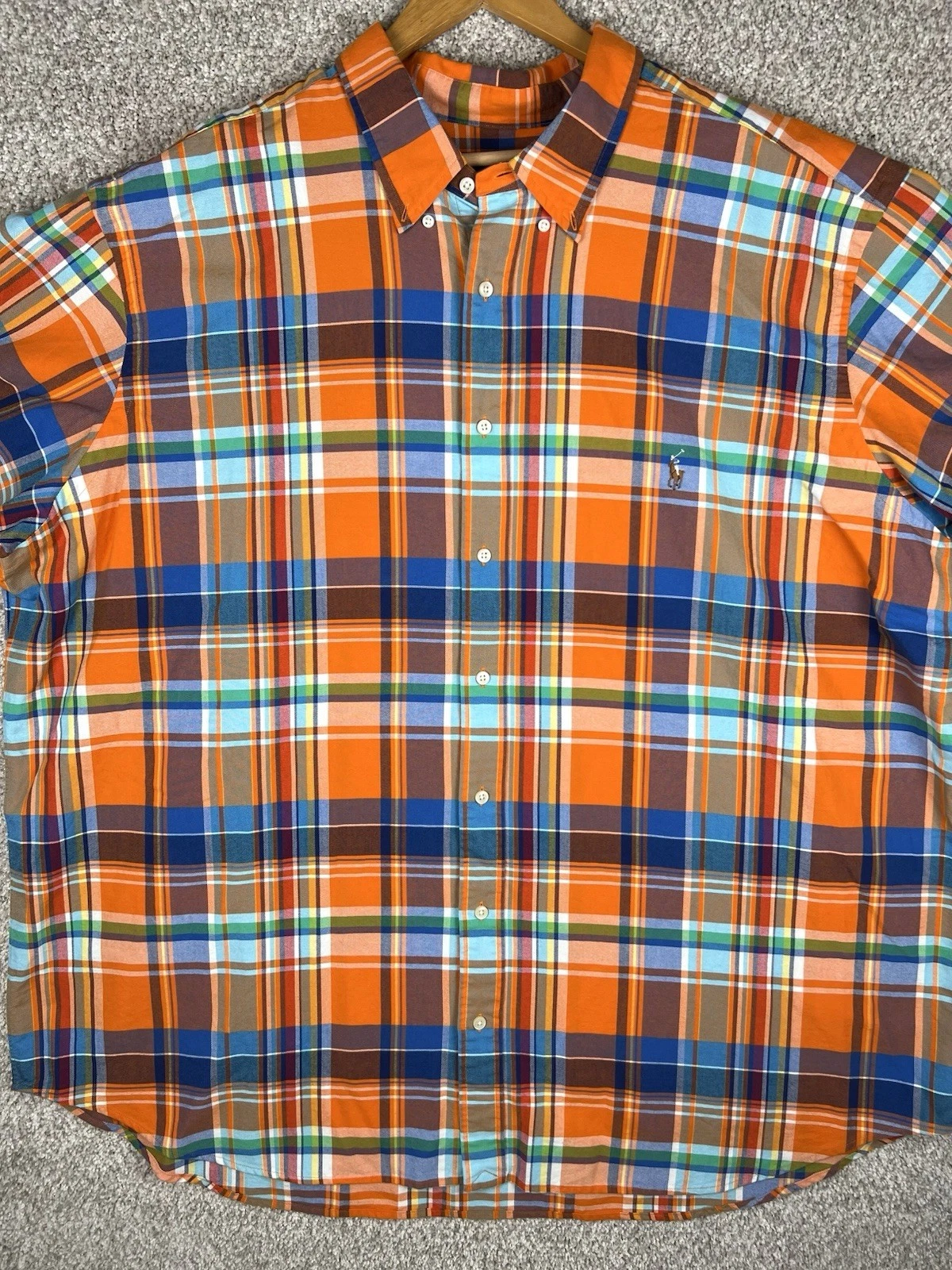 Polo Ralph Lauren Men’s Size 3XB Button Down Plaid Shirt Pony SS Orange Blue