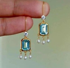 Lab-Created Aquamarine 3Ct Emerald Cut Dangle Earrings 14K Yellow Gold Plated
