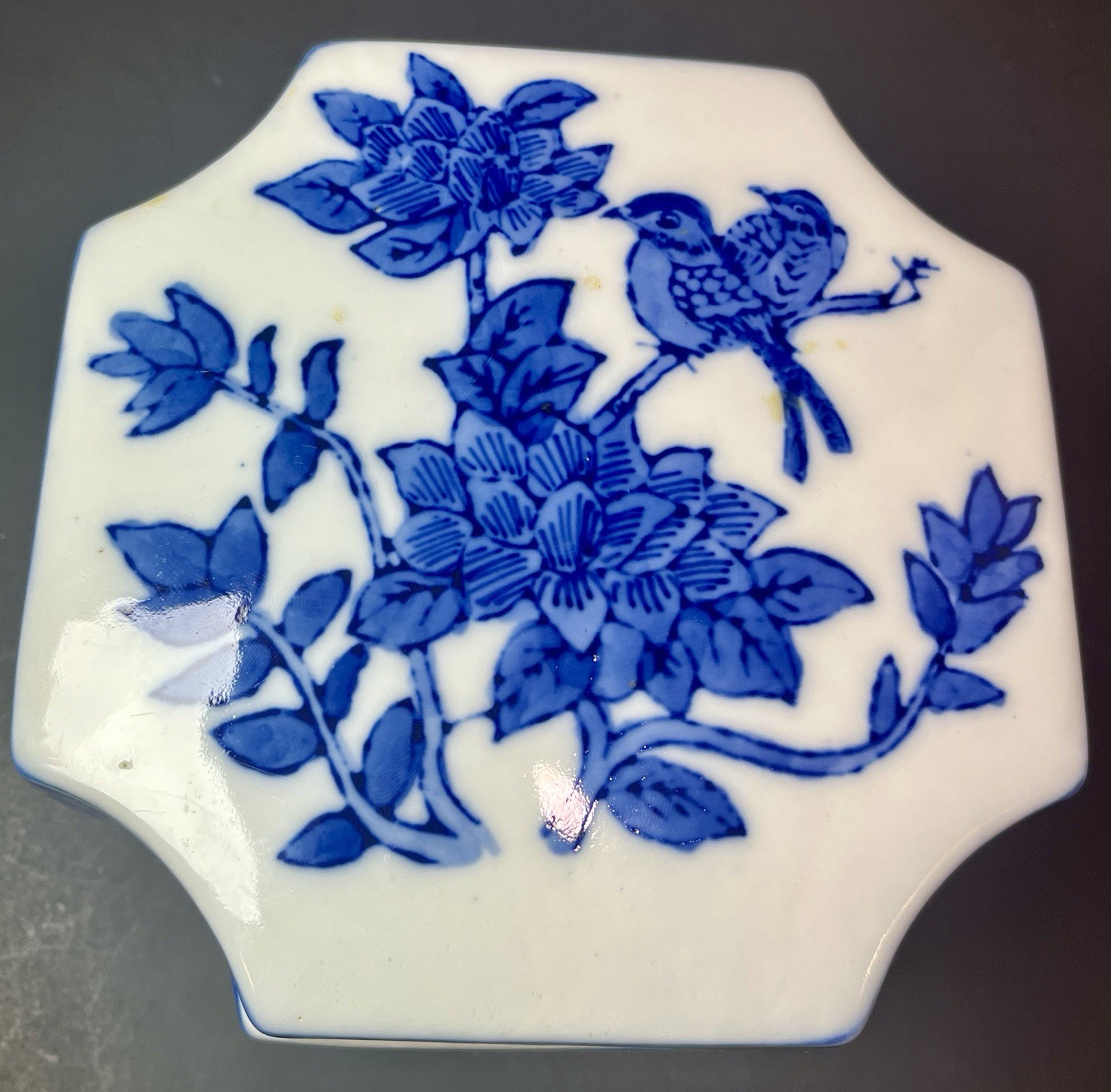 Vintage Chinese Blue And White Hexagon Porcelain Trinket Box Bird Floral Design