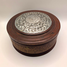 Round Wooden Trinket Box w/ Ornate Embossed Silver-Tone Floral Lid Inlay