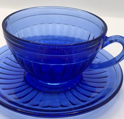 Hazel-Atlas Aurora Cobalt Blue depression glass teacup and saucer set