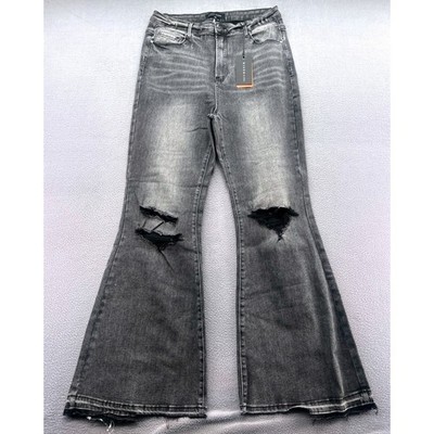 Risen Jeans Womens 1X High Rise Distressed Flared Washed Black NWT