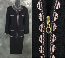 BEAUTIFUL St John collection knit pink black pearl jacket skirt suit 10 12