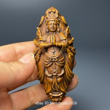 Old Boxwood Wood Carve Avalokitesvara Kwan-yin Bodhisattva Buddha Statue Guanyin
