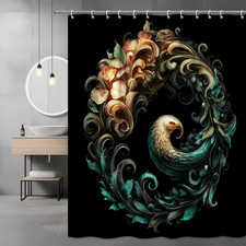 Floral Swan Scroll Shower Curtain Black Abstract Art