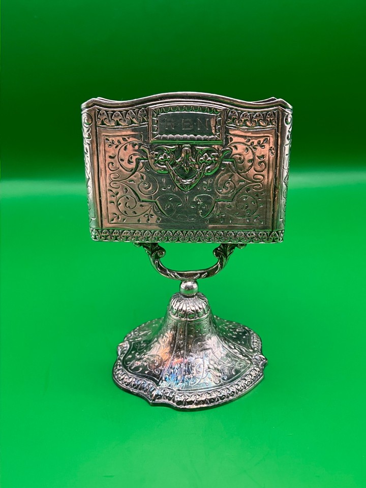 Vintage Ornate Silver Tone Business Calling Card Holder Stand RBN Monogram