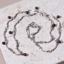 16” 2mm, vintage Sterling silver necklace, 925 bone bar chain with garnet beads