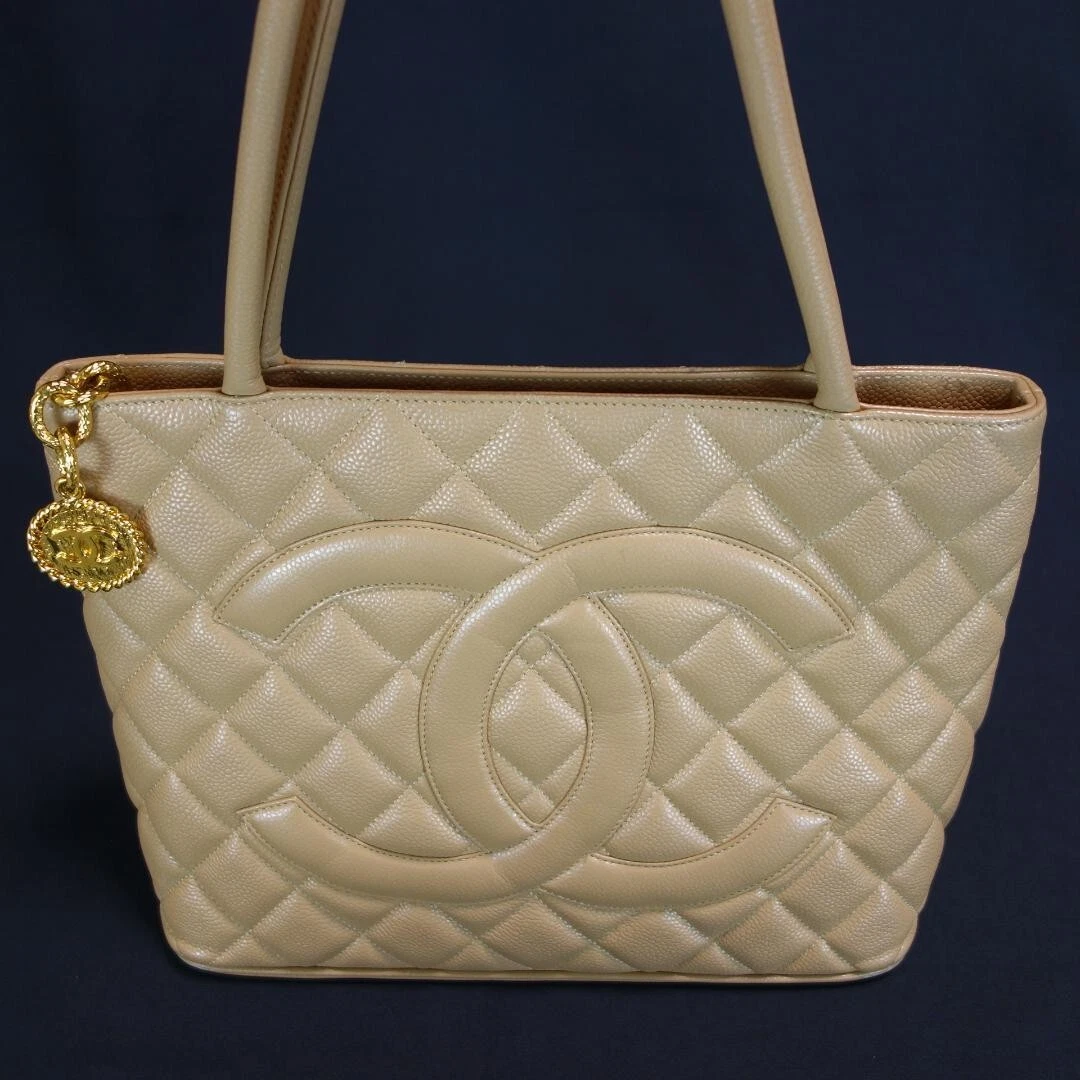 CHANEL Medallion Tote Bag Caviar Skin Leather Beige Auth Women