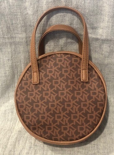 Genuine DKNY Mini Small Round Bag, Brown Monogram with WHITE and PINK Stripe - Picture 5 of 7