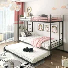 uhomepro Metal Twin Over Twin Bunk Beds with Trundle Bed, Twin Bunk Beds for Kid