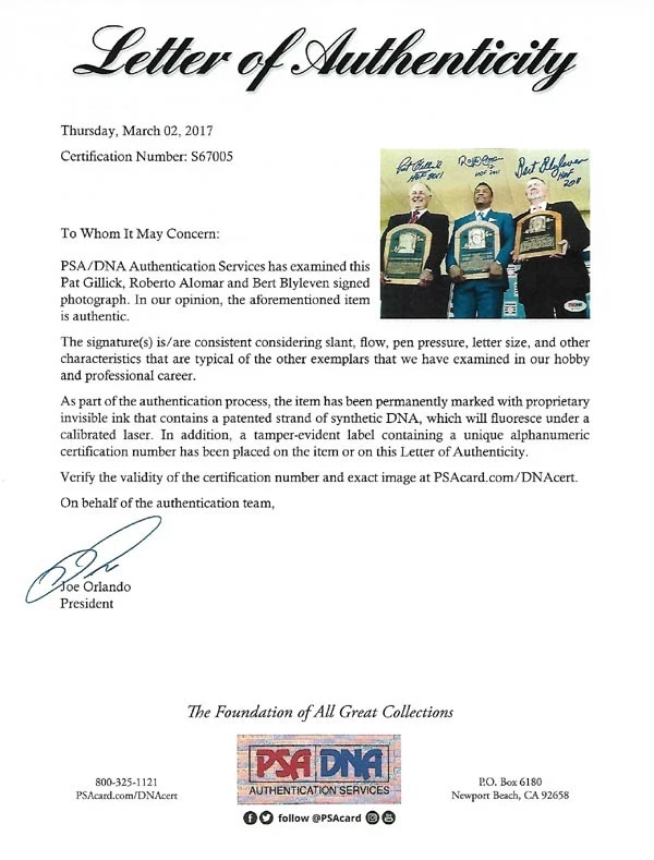 PAT GILLICK & ROBERTO ALOMAR & BERT BLYLEVEN SIGNED 8x10 PHOTO +HOF 2011 PSA/DNA - Image 2 of 2