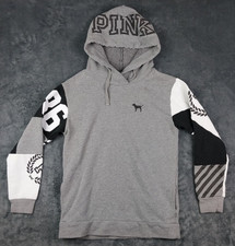 Victoria's Secret PINK Hoodie XS Gray Colorblock Graphic Dog Logo Sweatshirt
