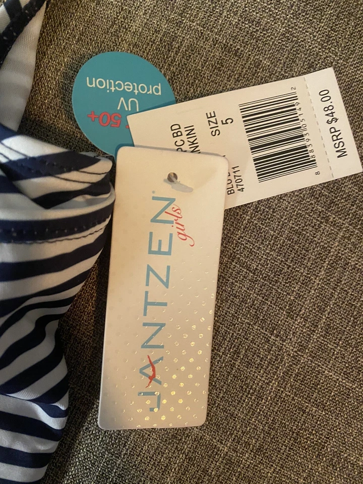 NUEVO Traje de baño Tankini Jantzen Girls 5 azul blanco a rayas 2 piezas UPF 50+ Foto 4 de 4