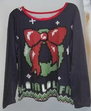 Womans Holiday Pajama Top Knit Blue Green Christmas Wreath Long Sleeve Size XL