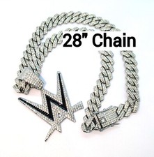 WWE GEM NECKLACE Silver Bling Pro-Wrestling Logo Hip Hop Pendant & 28" Chain