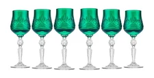 Neman Handmade Crystal Shot Glasses, Green Color Stemmed Vodka, Liquor. Set of 6