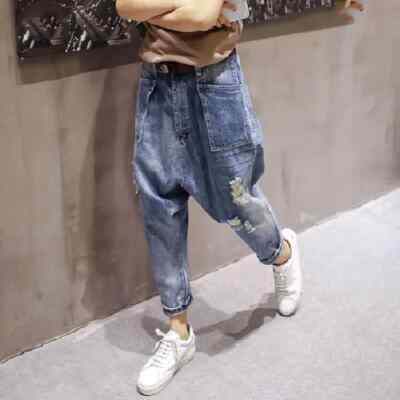New Womens Denim Ripped Hole Drop Crotch Jeans Baggy Harem Pants Casual Trouser