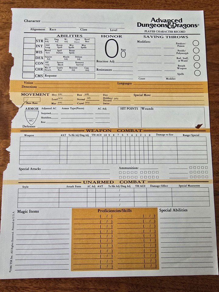 AD&D 1st Edition REF2 Player Character Record Sheet Singles TSR | eBay