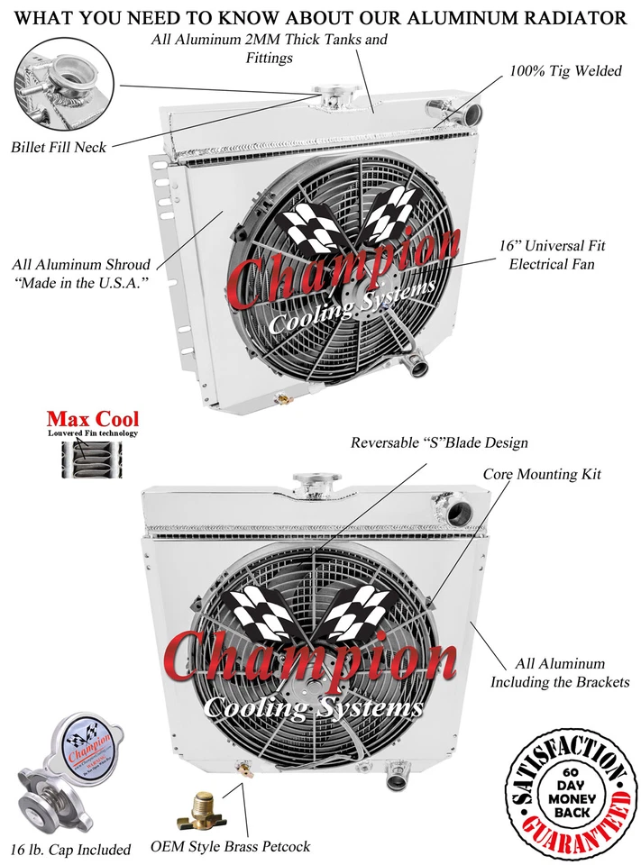 2 Row Champion Radiator + Shroud + 16" Fan For 1967-1968 Mercury Cougar/XR7 Foto 3 de 4