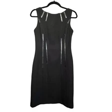 David Meister Black Sleeveless Faux Leather Trim Career Sheath Dress Size 4