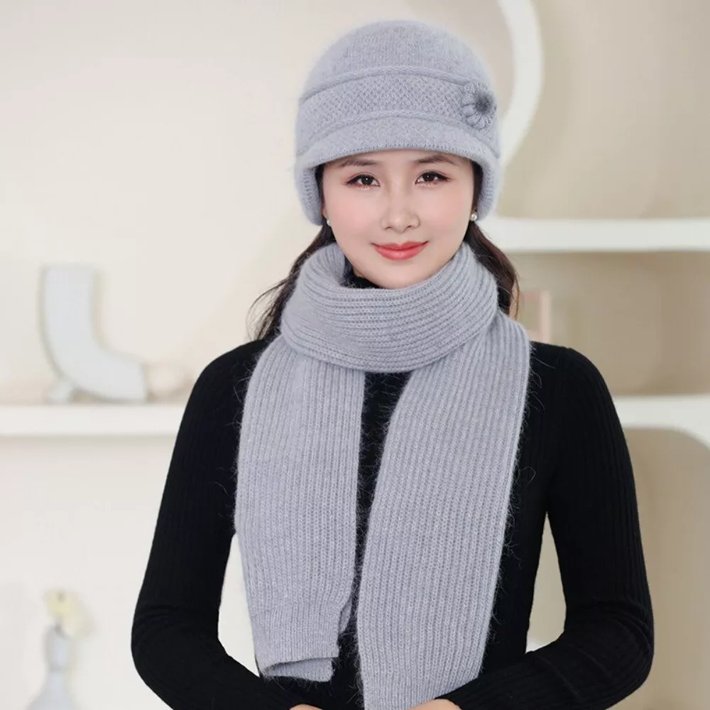 Femme Tricoté Chapeau Écharpe Lapin Fourrure Seau Hiver Chaud Bonnets Cap  Col