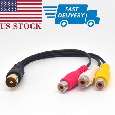 1pc 18cm TV Male Plug to 3 x RCA (Red+Yellow+White) Female Jack Adapter Cable US
