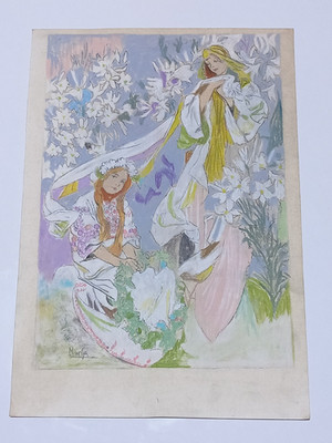 Alphonse Mucha Drawing on paper (Handmade) signed and stamped vtg art