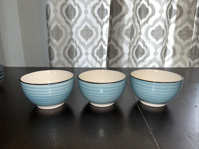 3 Vancasso Bonbon Turquoise Stoneware Soup Bowls Swirl 6.675  X 3.25 