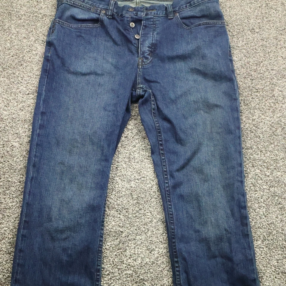 Pantalones de mezclilla KR3W para hombre 33x32 azul botón mosca pierna recta informales ropa de calle Foto 3 de 4