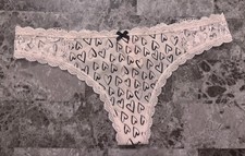 NWT BODY BY VICTORIA'S SECRET M PINK BLACK HEART SMOOTH LACE RARE THONG PANTIES