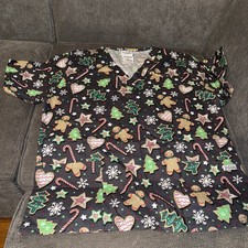 UA Scrubs Christmas Cookies Winter Treats Granite V-neck Scrub Top Size M