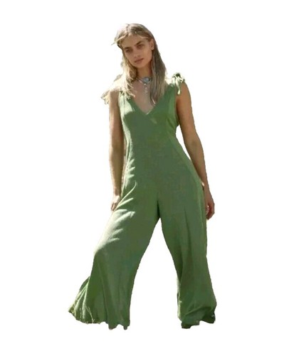 Free People Beach Alice One-Piece Jumpsuit XS Green Tie Shoulders Oversized Flow