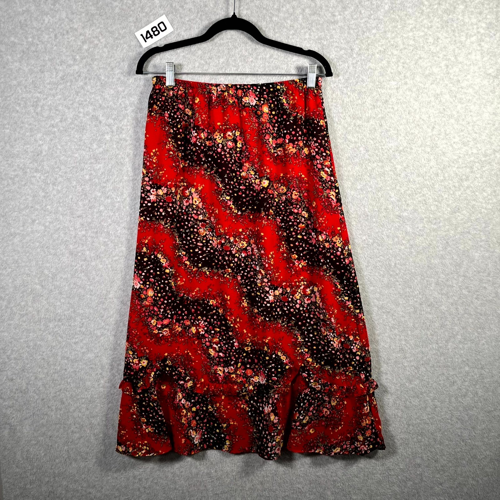 Stonebridge Maxi Skirt Womens Medium Petite Red Black Floral Print Ruffle Hem-image