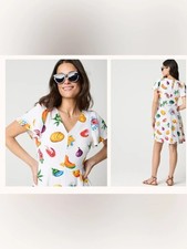 NEW J Crew Fruit Printed White Linen Blend Flutter Sleeve Mini Dress Size 4 NWT