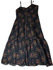 VTG Laura Ashley Silk Floral Maxi Dress Size 12 Black Tiered Sleeveless Buttons