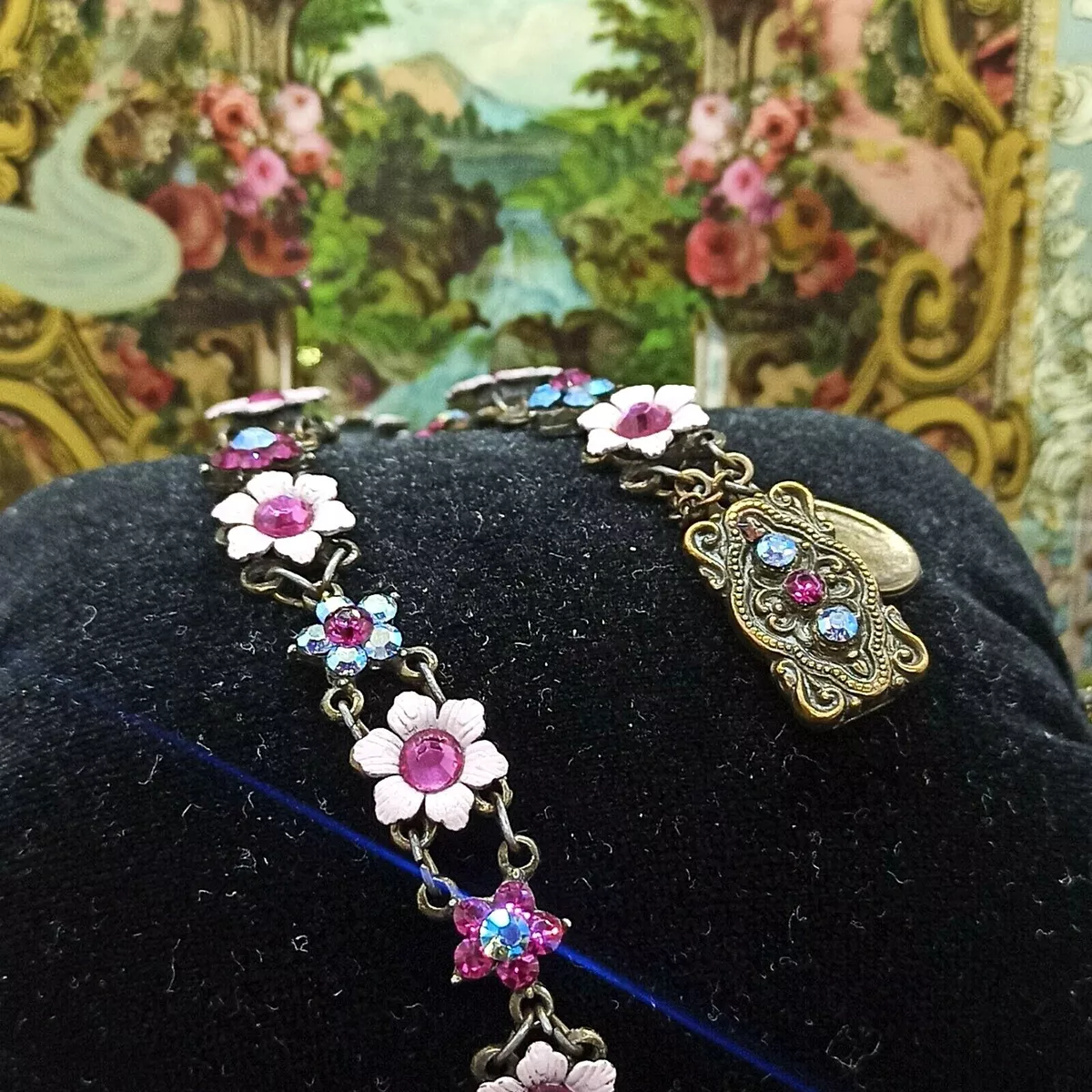 Michal Negrin Flower Bracelet Pink Enamel With Colourful Swarovski