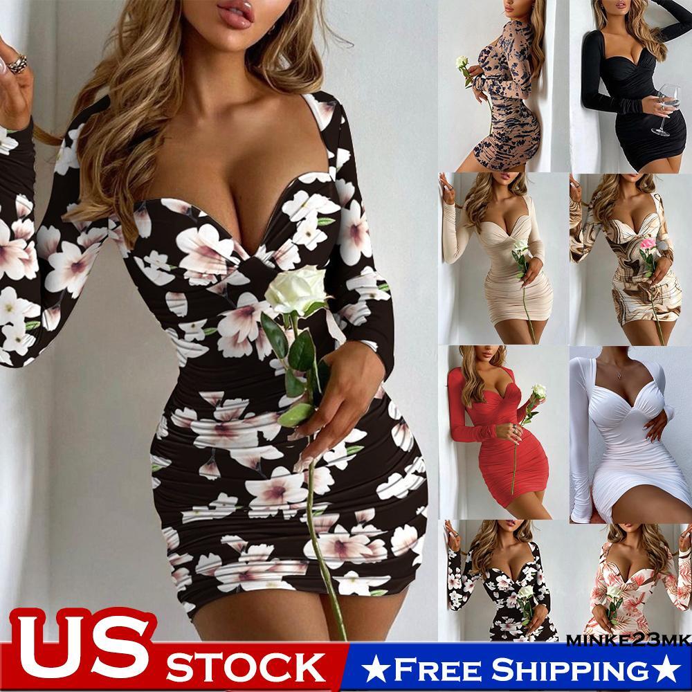 Womens Floral Bodycon Mini Dress Ladies Floral Long Sleeve Party Clubwear  Dress | eBay
